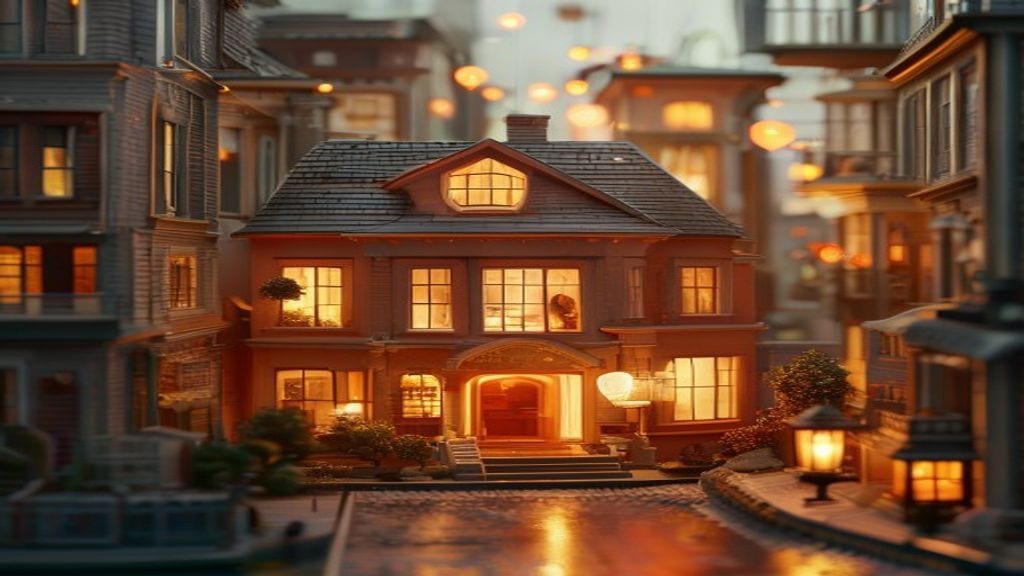 Inside the ARTEI world: a warm rounded house at dusk, windows glowing amber onto a quiet toy street.