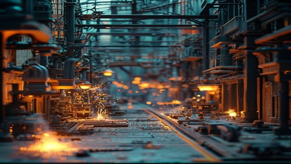 Inside Build: a glowing software production space with gantries and illuminated conveyor lines.