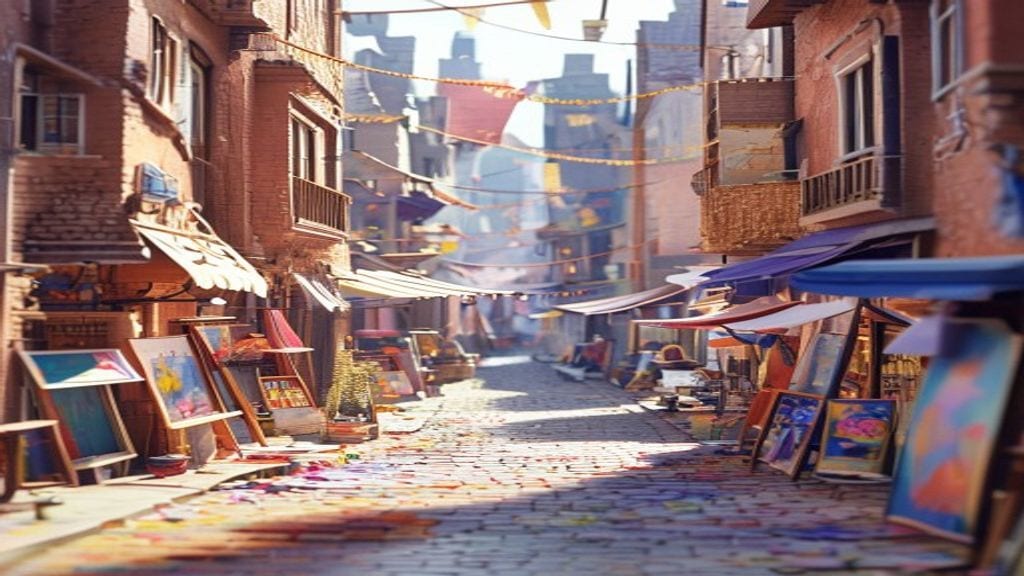 Inside Create: a sunlit lane of open painter studios, easels and canvas awnings.