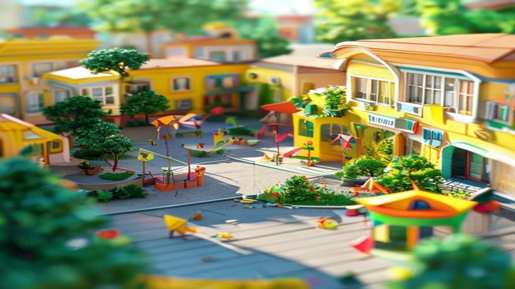 Inside the Learn world: a bright playful schoolyard courtyard with rounded classroom pavilions in morning light.
