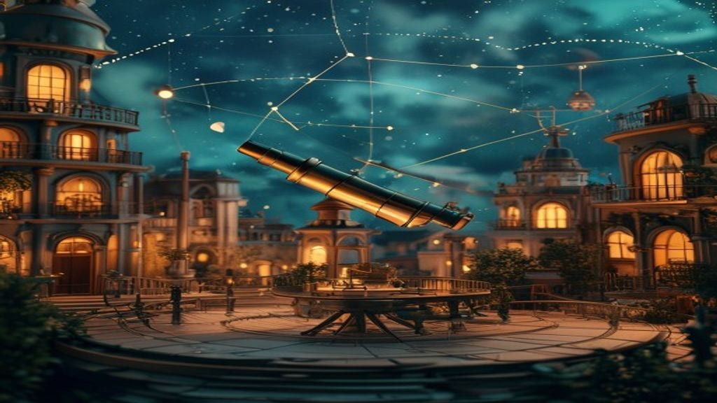 Inside Stock: a night research terrace with analytical instruments under traced constellations.
