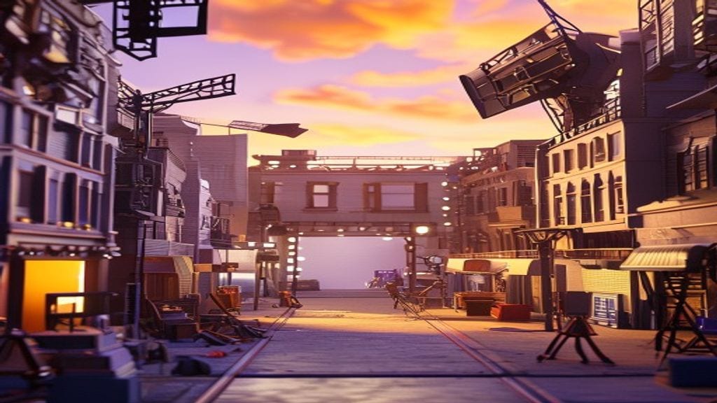Inside Studio: a film production space at golden hour with camera cranes, set facades and tungsten lights.