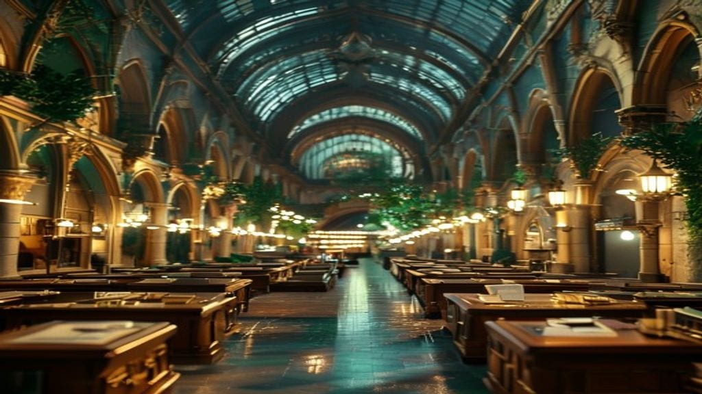 Inside Work: an elegant business hall under a vaulted glass roof with rows of polished desks.